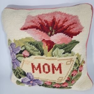 Vintage Wool Needlepoint Decorative Accent Pillow 10" x 10" MOM Violets Floral